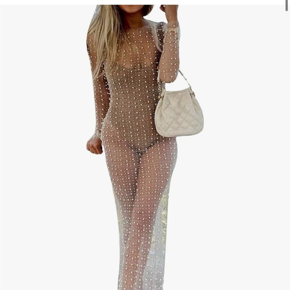 Full Length Rhinestone Mesh Dress with Pearls
